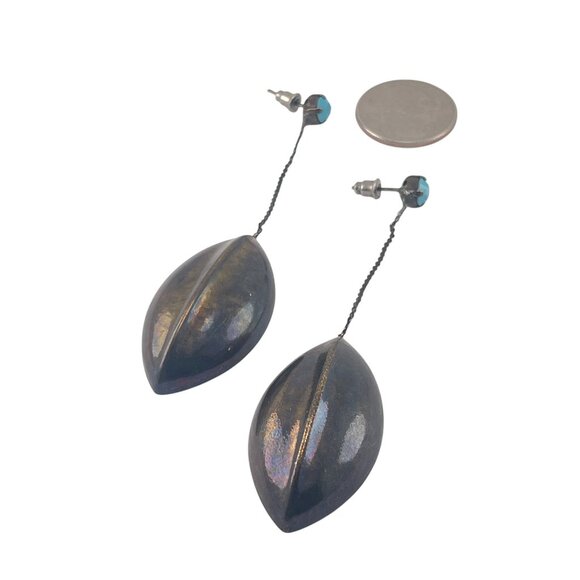 Vintage Style Long Dangle Earrings With Turquoise Studs & Bronze Leaf Design - Picture 8 of 9